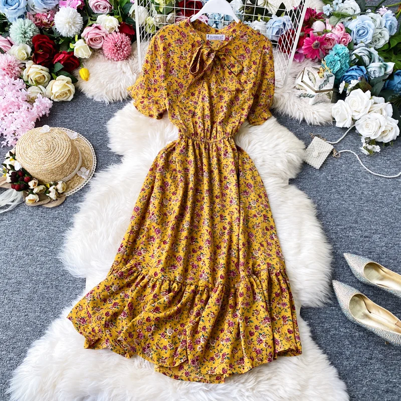 Женское винтажное платье с бантом длинное миди цветочным принтом и оборками