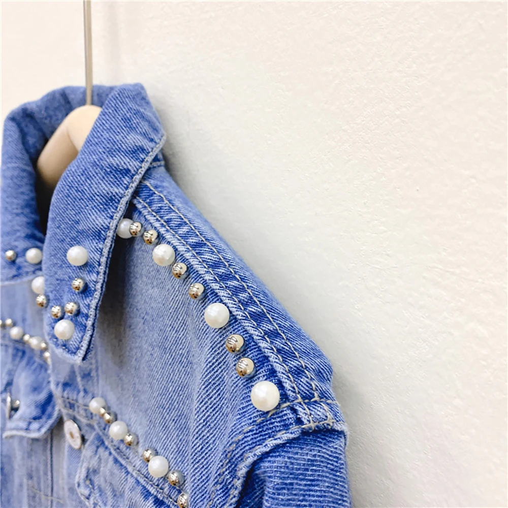 

Pearls Beading Denim Jacket For Baby Girls Spring Autumn Kids Fashion Long Sleeve Jean Coats Outerwear 2021 New Children Clothes