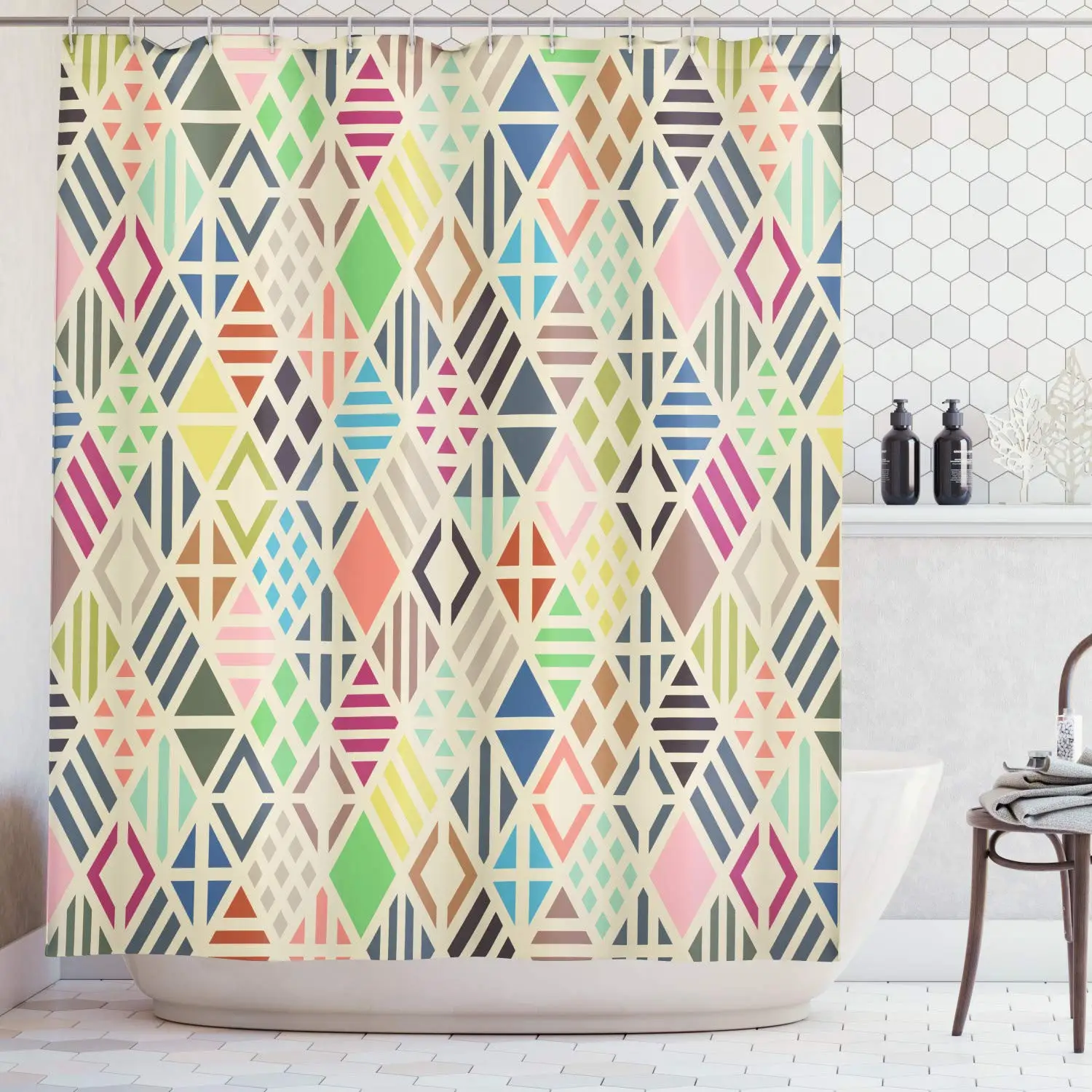

Vintage Rhombuses Pattern Old Times Periodic Style Stripes Polyester Shower Curtain Magenta Blue Salmon Yellow