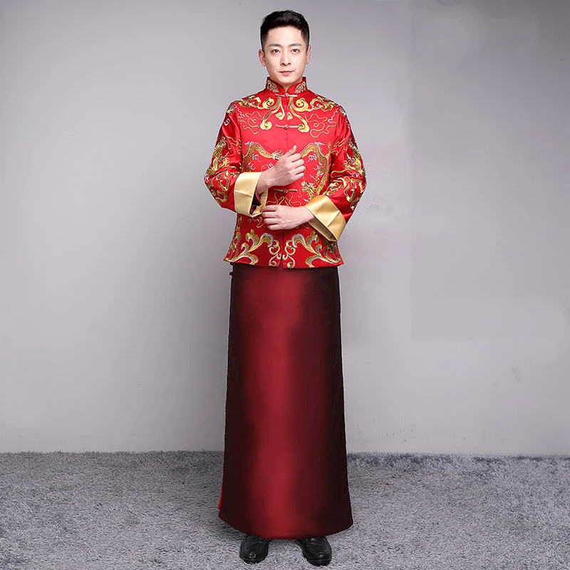 

Men Cheongsam Top 2020 Male Groom Wedding Qipao Married Han Fu Red Embroidery Chinese Style Toast Clothing Robe Jacket Tang Suit