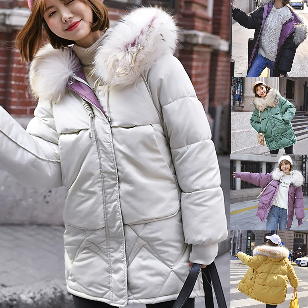 

Medium Long Large Fur Collar Hooded Women Casual Jacket Cotton Padded Thicken Warm Ladies Coat Winter Coats Parka Womens Jackets
