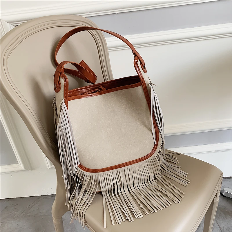 burminsa fringe suede bucket crossbody shoulder bags for women brand designer large capacity ladies purses and handbags hot 2021 free global shipping