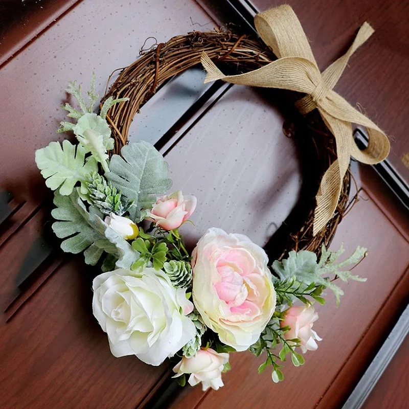 

Artificial Flowers Rose Wreath with Green Leaves for Front Door Office Wall Garden Wedding Festival Decor 26cm