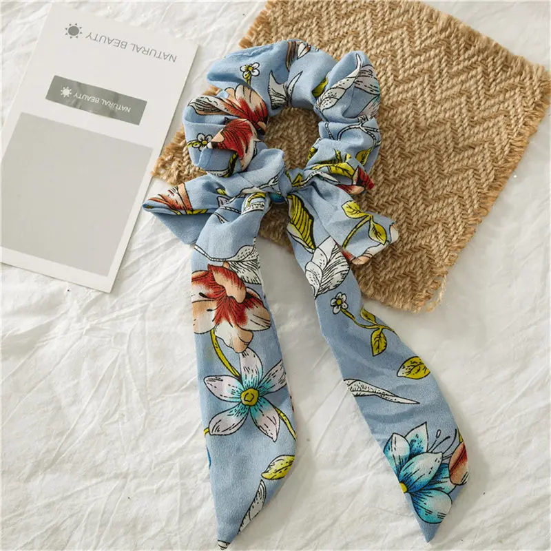 Floral lake blue Женские резинки для волос в горошек с бантиками, резинки для волос в виде конского хвоста для девочек, резинки, резинка для волос, аксессуары для волос, головные уборы - Цвет: Floral lake blue