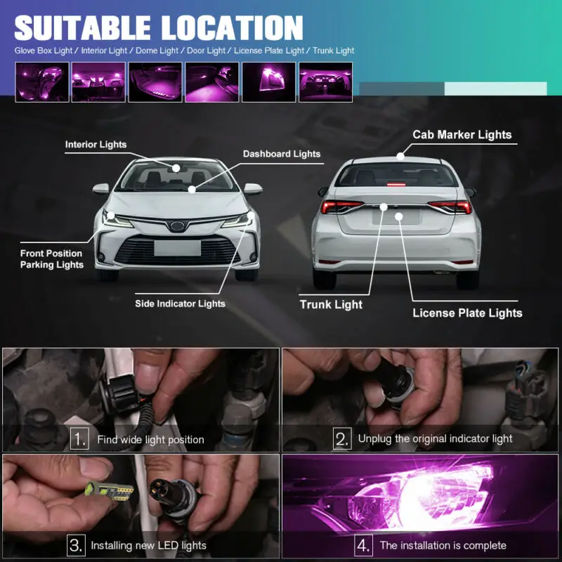 

Dome Side Light Lamp Bulb Canbus Car Wedge Purple 24.5x9.7x9(mm) 10pcs