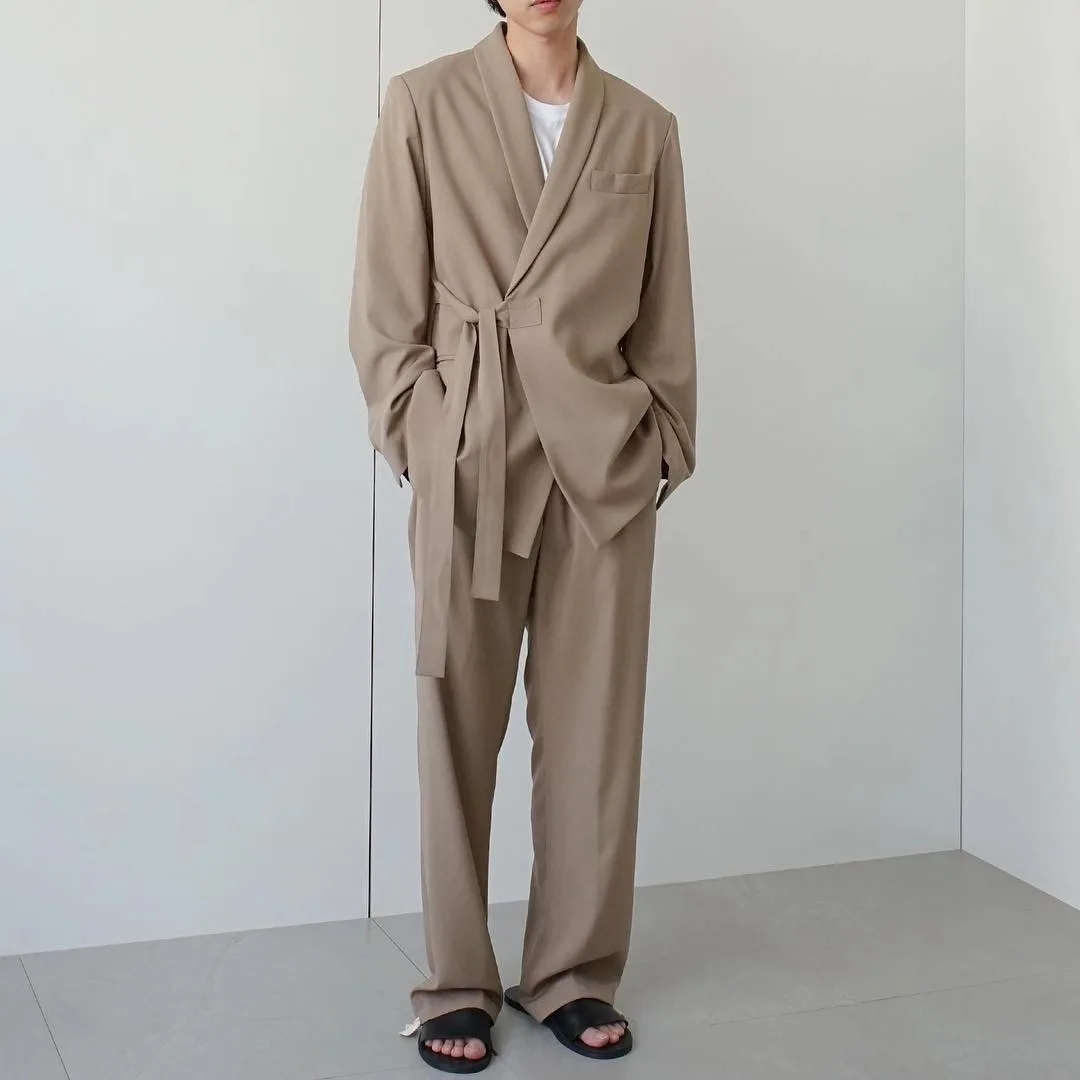 

Simple self-made design side belt suit gentleman Han Feng early autumn new men's casual solid color suit