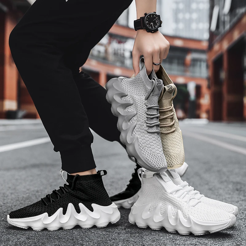 

Fashion High Top Sneakers Men 2021 New Running Shoes Men Breathable Mesh Knit Sock Sneakers Lightweight Casual White Sport Shoes