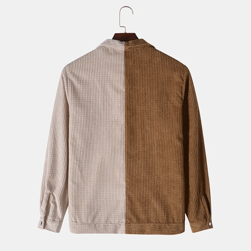 2021 Men Color Block Shirts Tops Corduroy Long Sleeve Casual Jackets Shirts Japanese Lapel Shirts Chest Pockets Black White