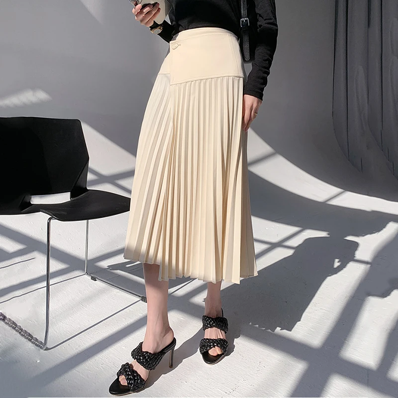 

[EAM] High Waist Beige Button Big Size Irregular Pleated Half-body Skirt Women Fashion Tide New Spring Autumn 2021 1DD6047