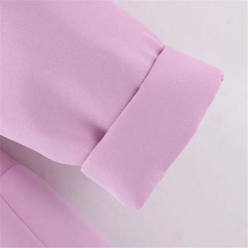 Women chic blue blazer decorate button open stitch pockets back split Violet blazers female work wear stylish coat
