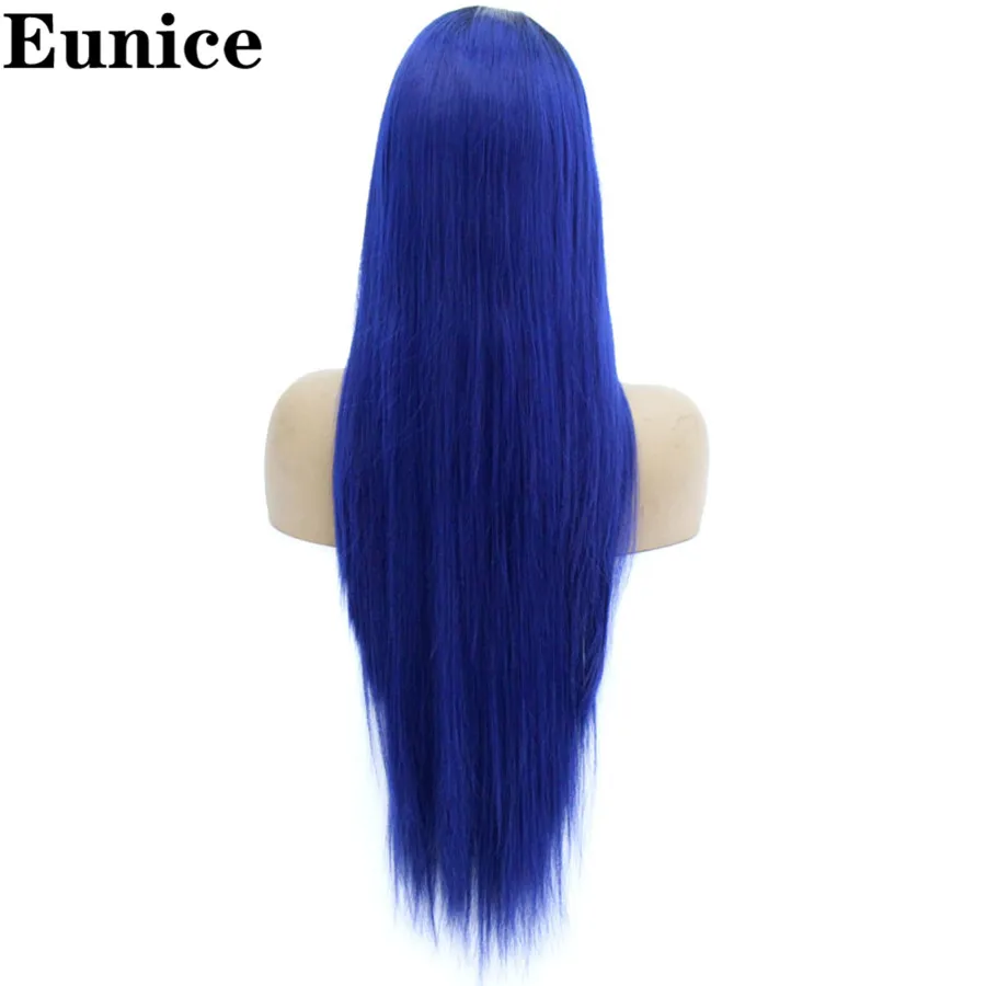 Ombre Dark Blue Длинный прямой парик на кружеве 24 дюйма Синтетический темно-корень парик для женщин черный Омбре 613 зеленый синий красный косплей парик термостойкий - Цвет: Ombre Dark Blue