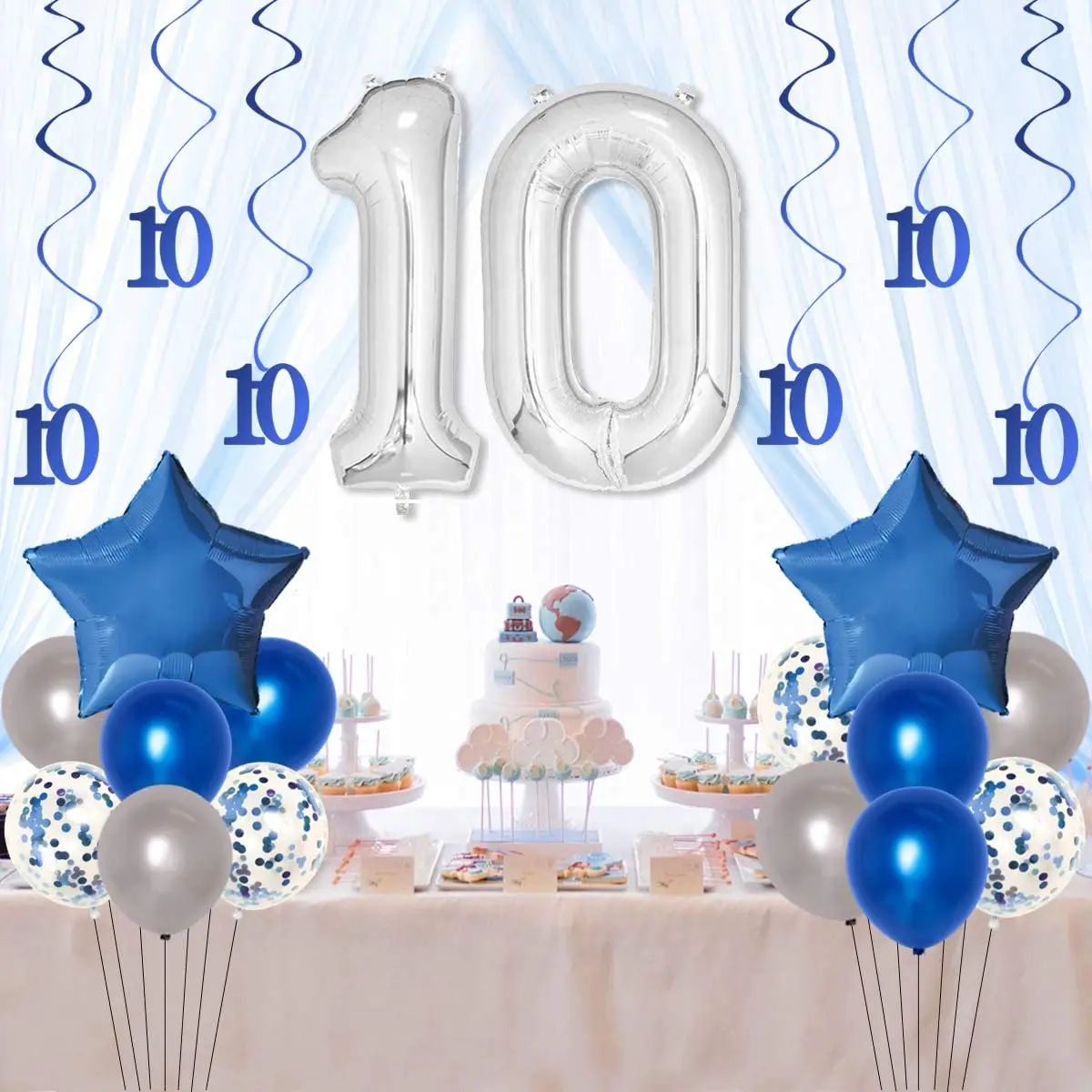 Decoraci&oacute;n de 10 &deg; cumplea&ntilde;os para ni&ntilde;os y ni&ntilde;as, cartel de globos de aluminio azul, suministros de cumplea&ntilde;os para 10 a&ntilde;os-2