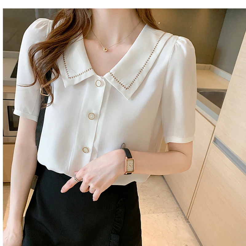 

White Shirt Women 2021 Summer Tops Peter Pan Collar Short Sleeve Casual Woman Clothes Button Chiffon Blouse Chemisier Femme