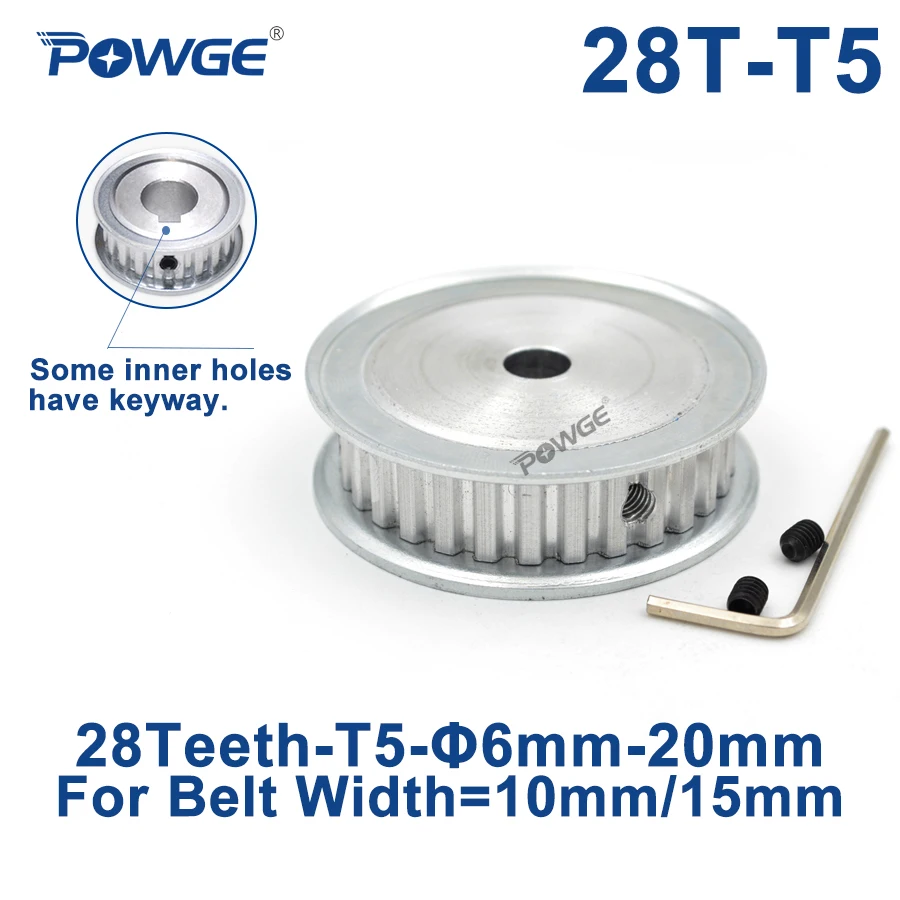 

POWGE 28 Teeth T5 Timing Synchronous pulley Bore 6/8/10/12/14/15mm for belt width 10mm/15mm 28-T5-15 AF Wheel Gear 28teeth 28T