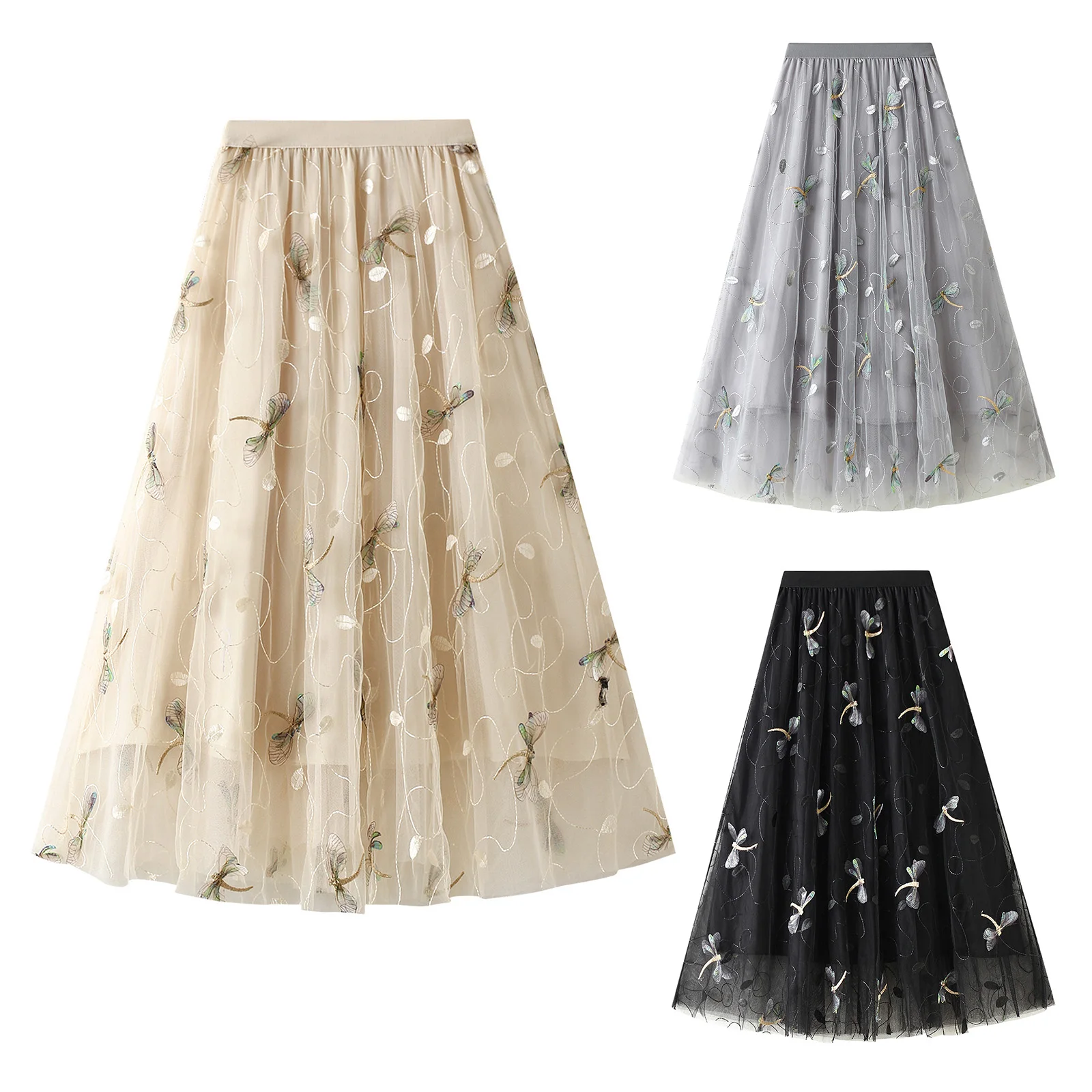 

Female Long Skirt Summer Embroidery High Waist Skirt A-Line Dress for Women Black/Gray/Apricot