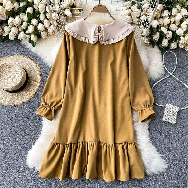 

Women Korean Style Lace-Up Peter Pan Collar Color Block Short Dress Female Ruffles Loose Dress Preppy Style Long Sleeve Dress