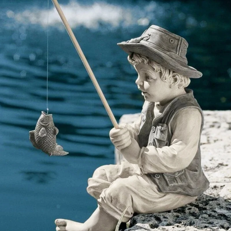 

W3JE 3D Boy Fishing Garden Statue Sculpture Figurine Landscape Home Outdoor Lawn Yard Resin Ornaments Decoration