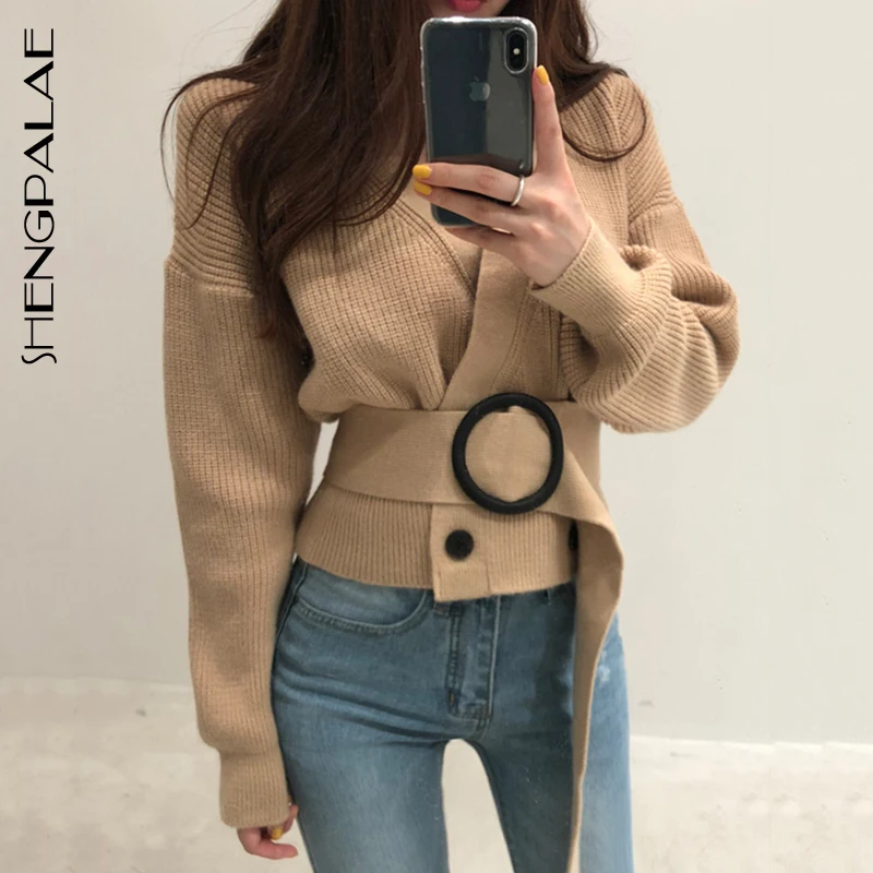 SHENGPALAE вязаные топы с рукавом-фонариком v-образный вырез открытый шов пояс