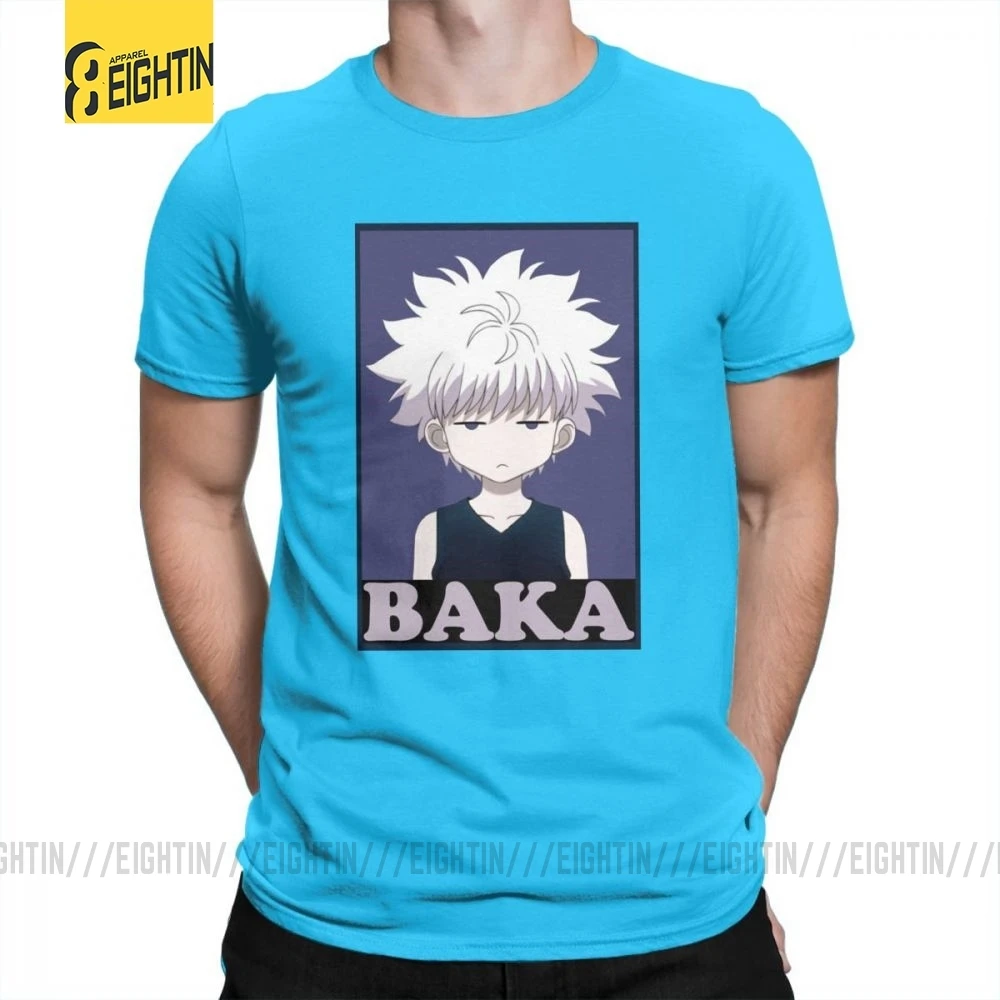 Охотник х Хантер футболки Killua Zoldyck Baka классический комикс о-образный вырез с коротким рукавом классический крой Чистый хлопок футболки мягкие мужские футболки - Цвет: Medium Blue