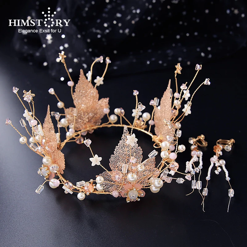 

HIMSTORY Handmade Kids Princess Round Crowns Wedding Hair Accessories Jewelry Crystal Beads Round Crown With Earrings