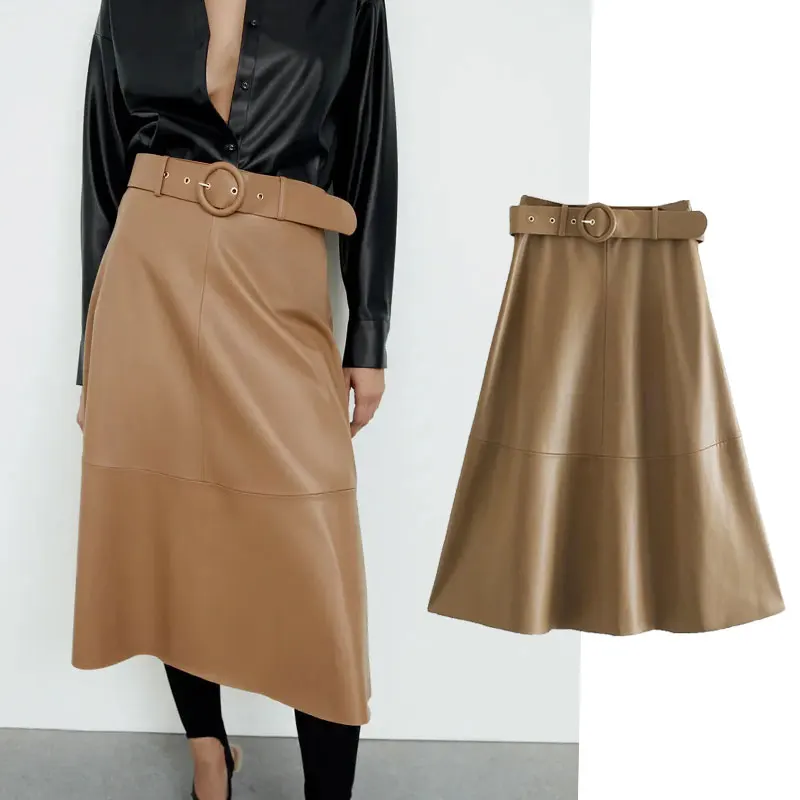 

Za 2021 Faux Leather Skirt Women Brown Long Skirts Woman High Waist A Line Midi Skirt Autumn Fashion Belt Elegant Chic Skirts
