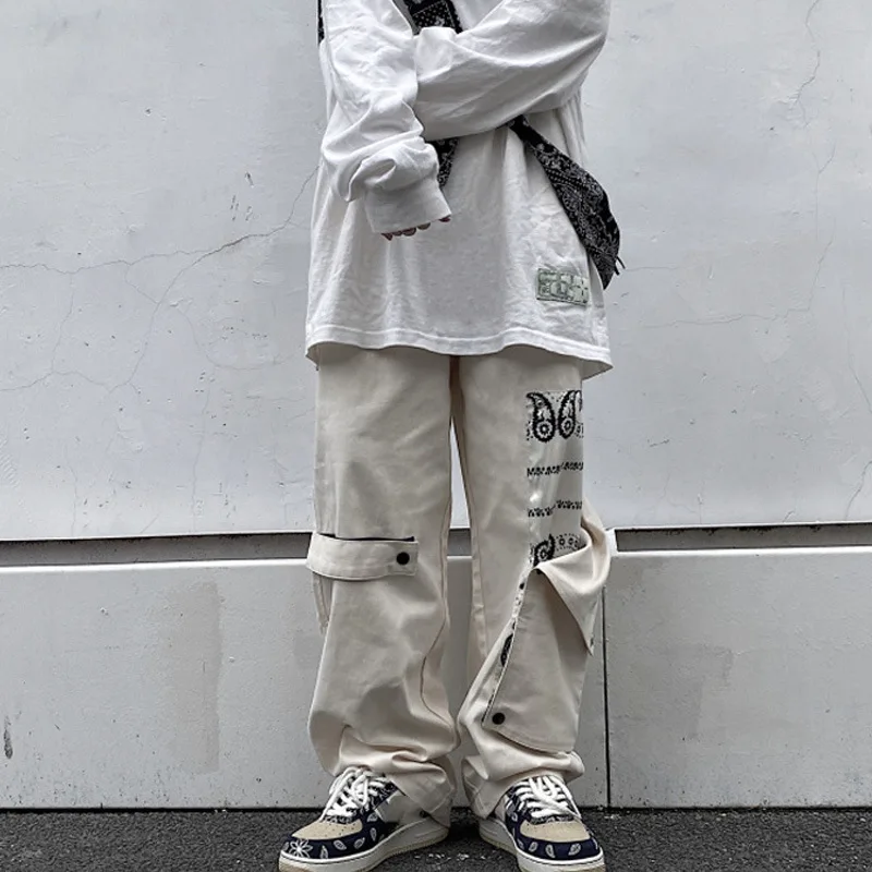 

HOUZHOU White Punk Pants Black Trousers Male Cargo Pants Spring Autumn Paisley Hip Hop Harajuku Gothic Streetwear detachable