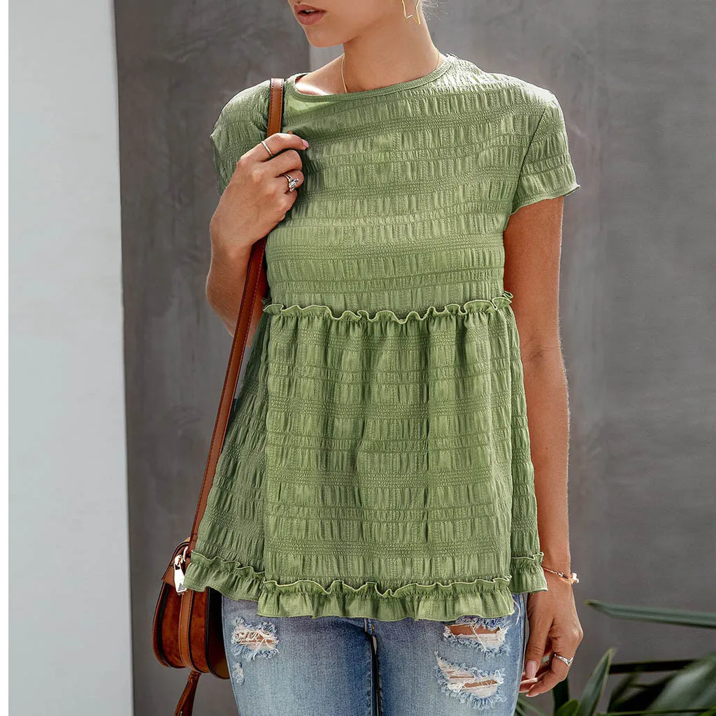 Блузка Feitong женская с круглым вырезом Повседневная рубашка оборками и короткими