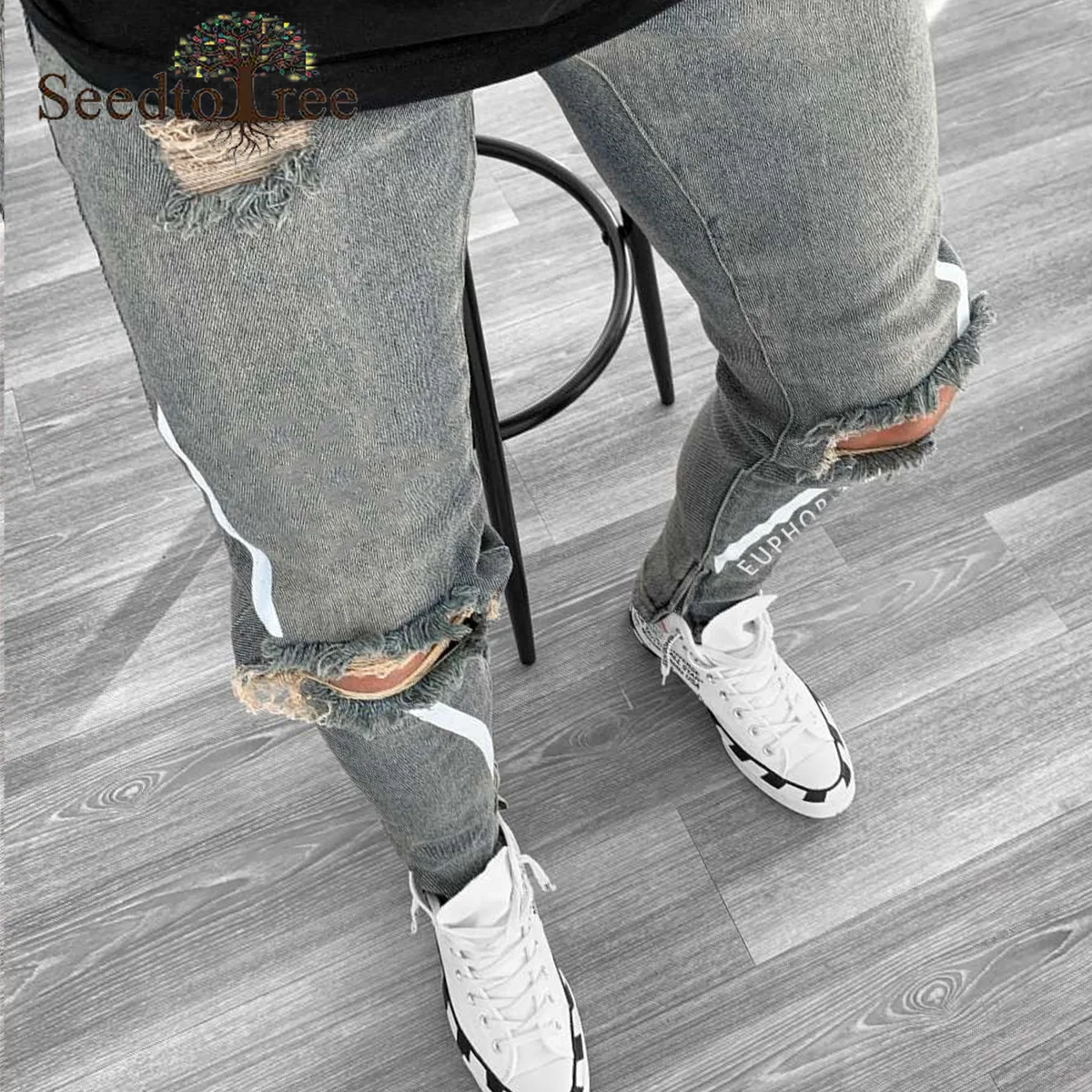 

Men's Jeans Printed Ripped Stiletto Jeans Hole Slim Pencil Pants