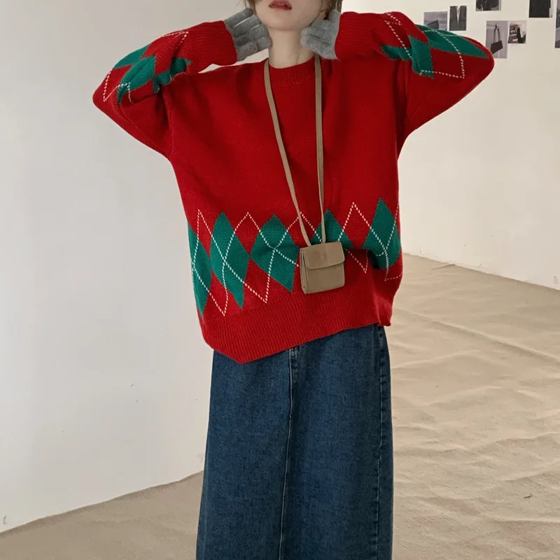 Рождественский женский свитер с рождественским принтом Санта-Клауса вязаный