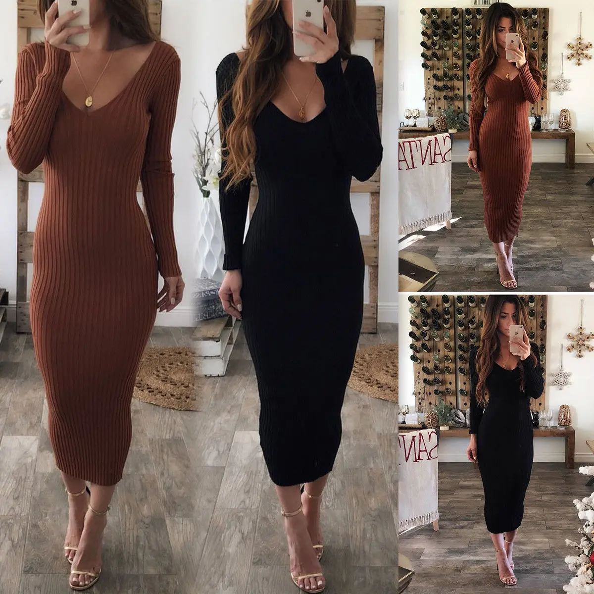 

Autumn Hot Sale Women Fashion Knit Sexy V Neck Long Sleeve Dress High Waist Female Fashion Party Slim Fit Long Dress