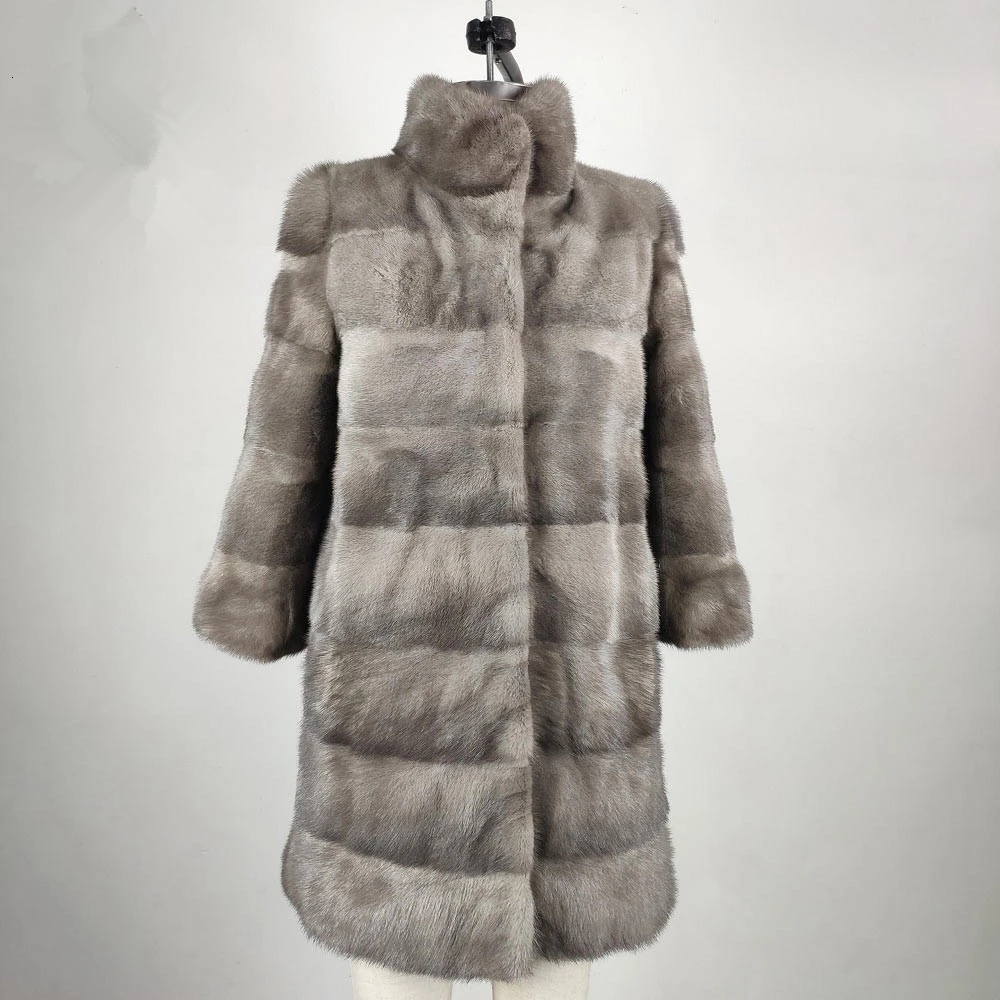 TOPFUR Winter Real Mink Fur Coat Women Natural Real Mink Fur Medium Coats Thick Warm Full Sleeves Coat Mandarin Collar Grey images - 6