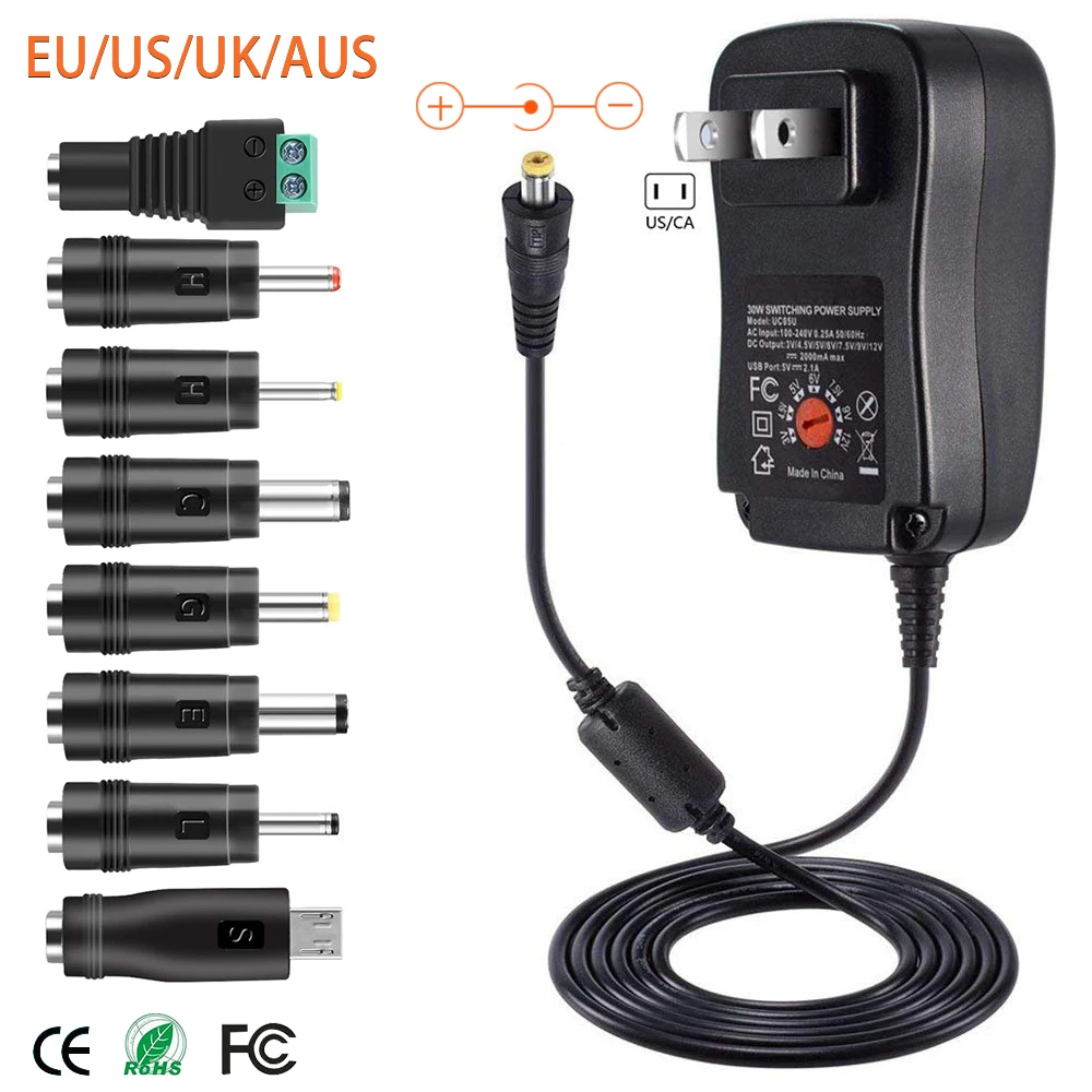 

30W US/UK/AU/EU Universal Power Adapter 3V 4.5V 5V 6V 7.5V 9V 12V AC DC Charger Converter + 5V 2.1A USB Port with 8Pcs Jack