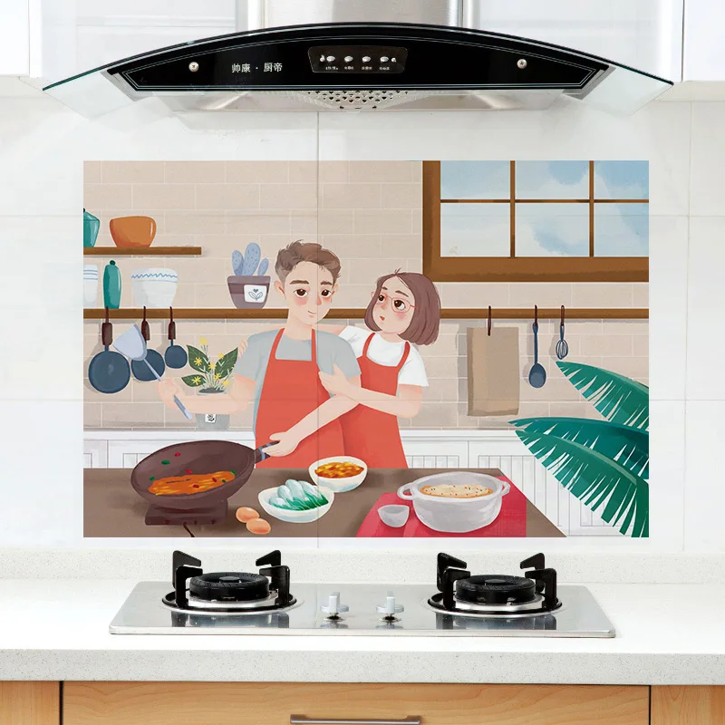 

Louyun 60x90cm Kitchen hood wall stickers warm family pattern waterproof and oil proof tile cabinet wallpaper decoration