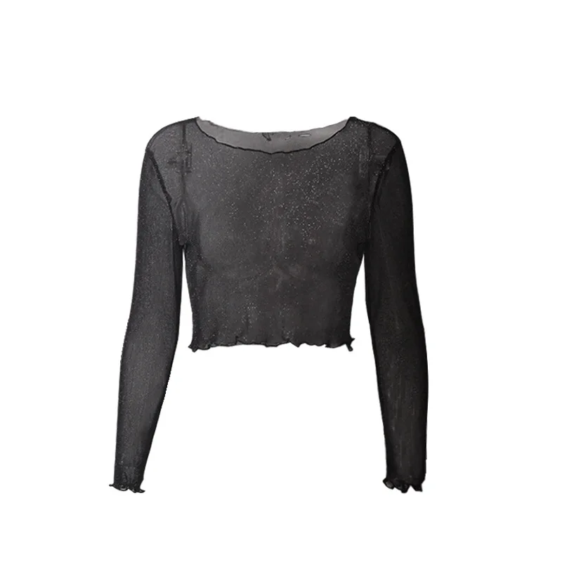 Лидер продаж Женская пикантная сетчатая рубашка с длинными рукавами топ оборками в пупок Клубная одежда для