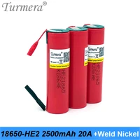turmera 18650 he4 2500mah battery 20a new with welding nickel for 12v 14 4v 18v 21v 25v electric drill screwdriver batteries use