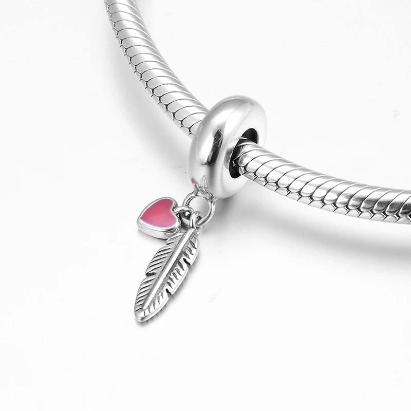 Новый браслет из стерлингового серебра 925 пробы с розовым пером и сердечком