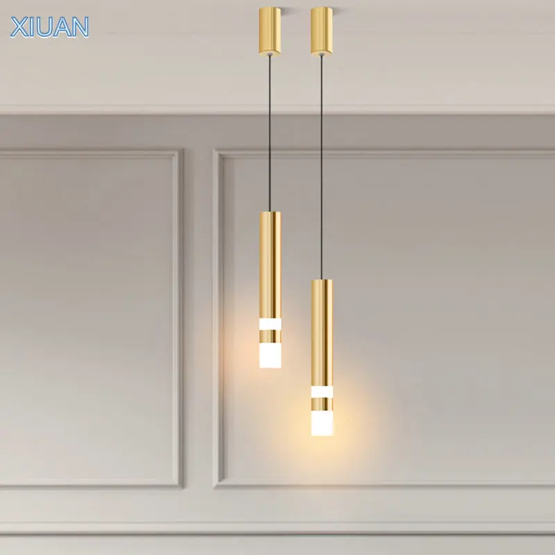 Lámpara colgante dorada de arte moderno para iluminación de noche para dormitorio, Cable largo de CA de 220V, barra de luz colgante LED, accesorio de cocina