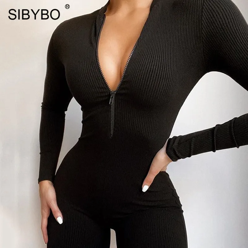 Женский ребристый спортивный костюм SIBYBO повседневный комбинезон на молнии с