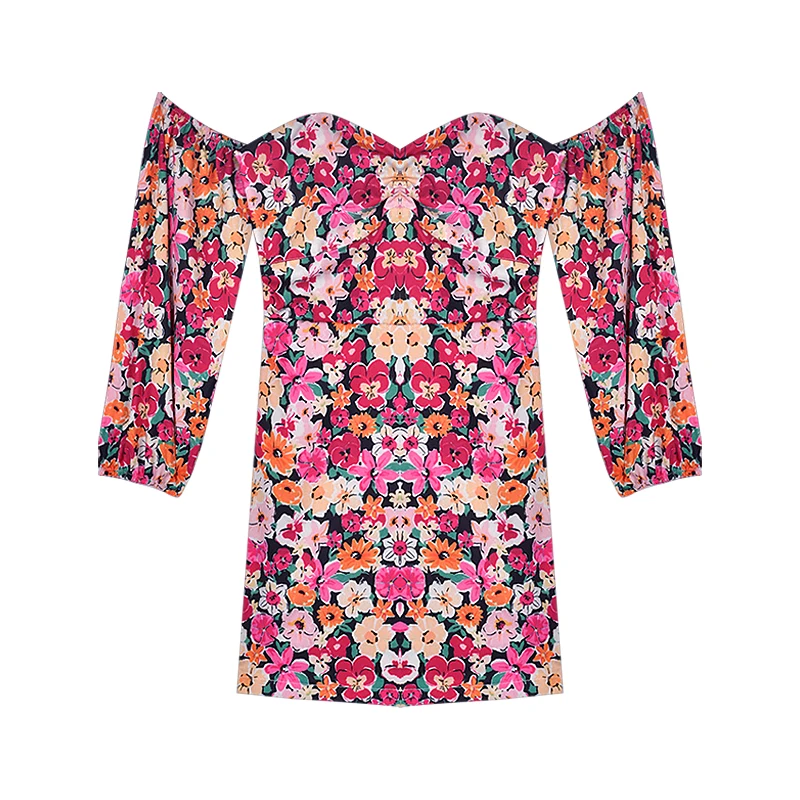 

Summer Women Sweet Floral Print Bubble sleeves Elegant Square Collar Dress Fashion Mini High Waist Clothes