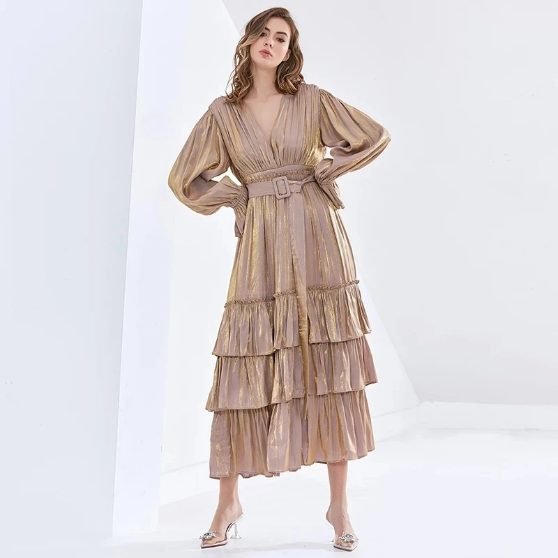 

Elegant Mid Dresses For Women V Neck Puff Long Sleeve Ruched High Waist Sashes Vintage Dress Female Autumn New