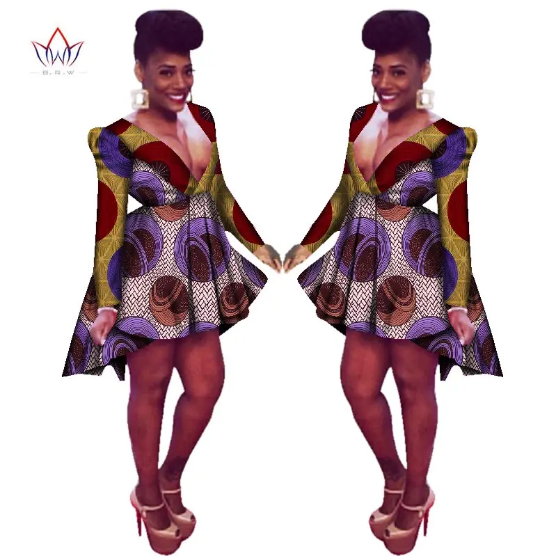 

2021 New Fashion Custom Women African Clothing Lapel Long Sleeve Dress Ladies Deep V-neck Mini Length Party Dress WY528