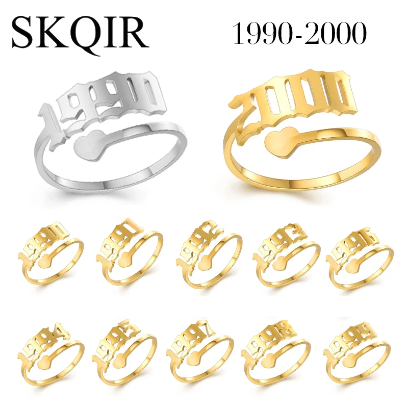

Adjustable 1990-2000 Year Rings Custom Birth Year Stainless Steel Heart Gold Silver Color Finger Jewelry Women Men Jewelry Gift