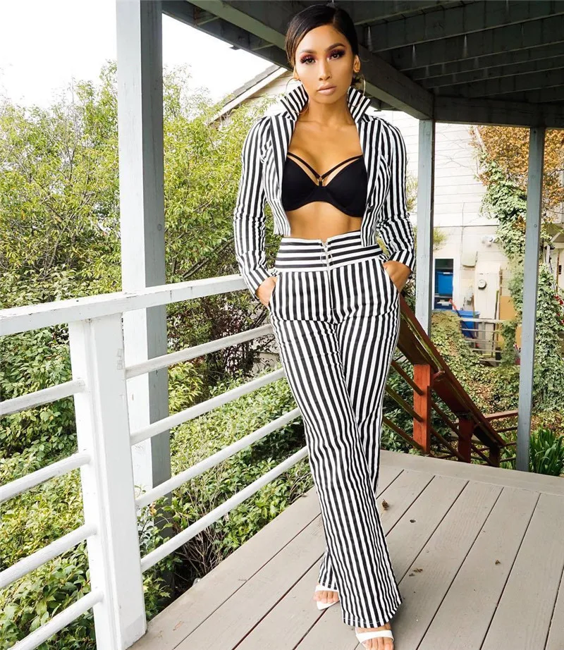 Модный женский брючный костюм комплект из двух предметов пиджак в полоску на