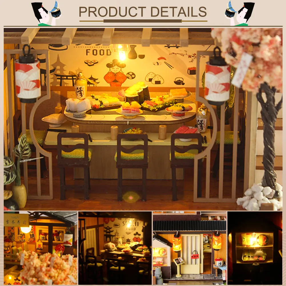 DIY Wooden Dollhouse Japanese Sushi Bar Architecture House Model Villa Handmade Assembling SushiBar Ancient Relief Creative Gift | Игрушки и