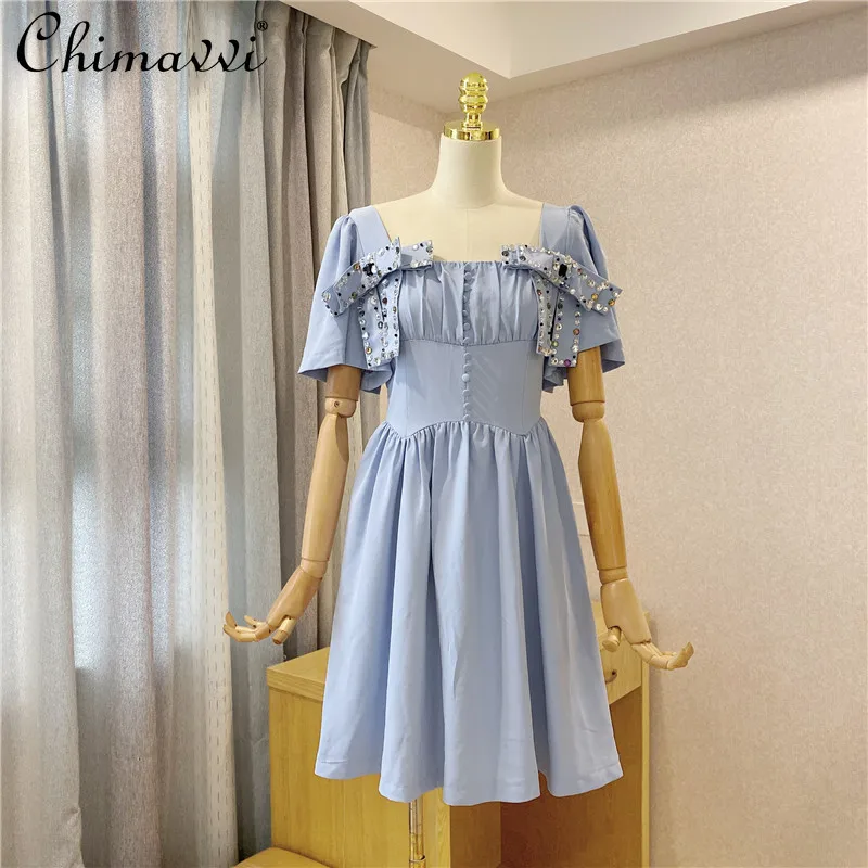 

2021 Summer Dress for Women New Beaded Bowknot Square Collar Blue Dresses High Waist Slimming Elegant Fairy Midi Pleated Dress