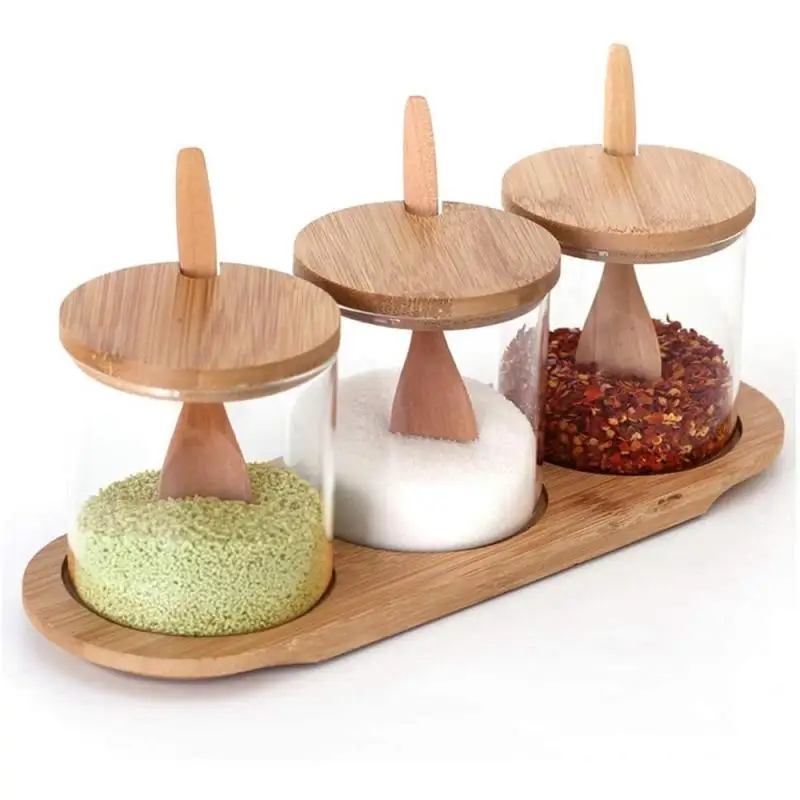 

Condiment Container Seasoning Box Set Spices Salt Jars Glass Seasoning Food Storage Containers with Bamboo Lid and Spoon Storage