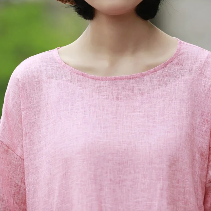 Женское хлопковое льняное платье Johnature однотонное свободное удобное с круглым