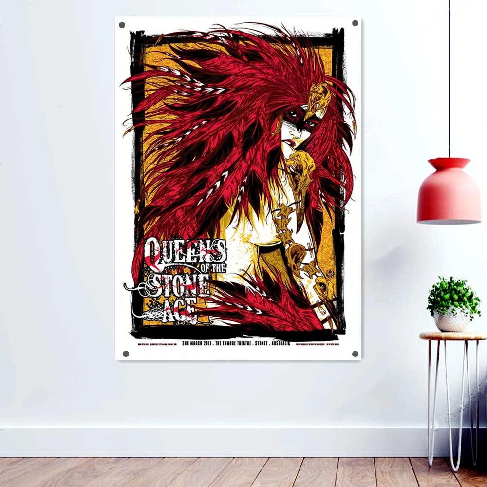 

STONE AGE Scary Dark Art Flags Retro Wall Hanging Cloth Rock Band Death Metal Music Posters Skull Tattoo Banners Interior Decor