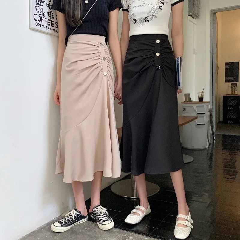 

Woman Long skirts Summer 2021 Korean version of high waist slim mid-length pleated hip a-line skirt wrap skirts summer
