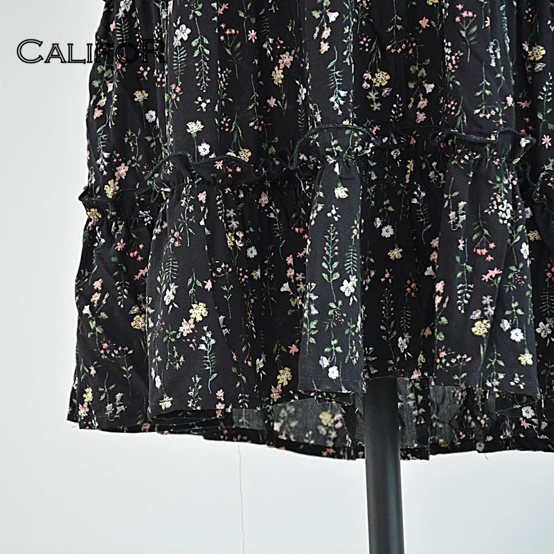 

CALIFOR Sling Pleated Ruffle A-line V-neck Mini Dress 2021 Summer Beach Wear Holiday Casual Floral Print Dresses for Women